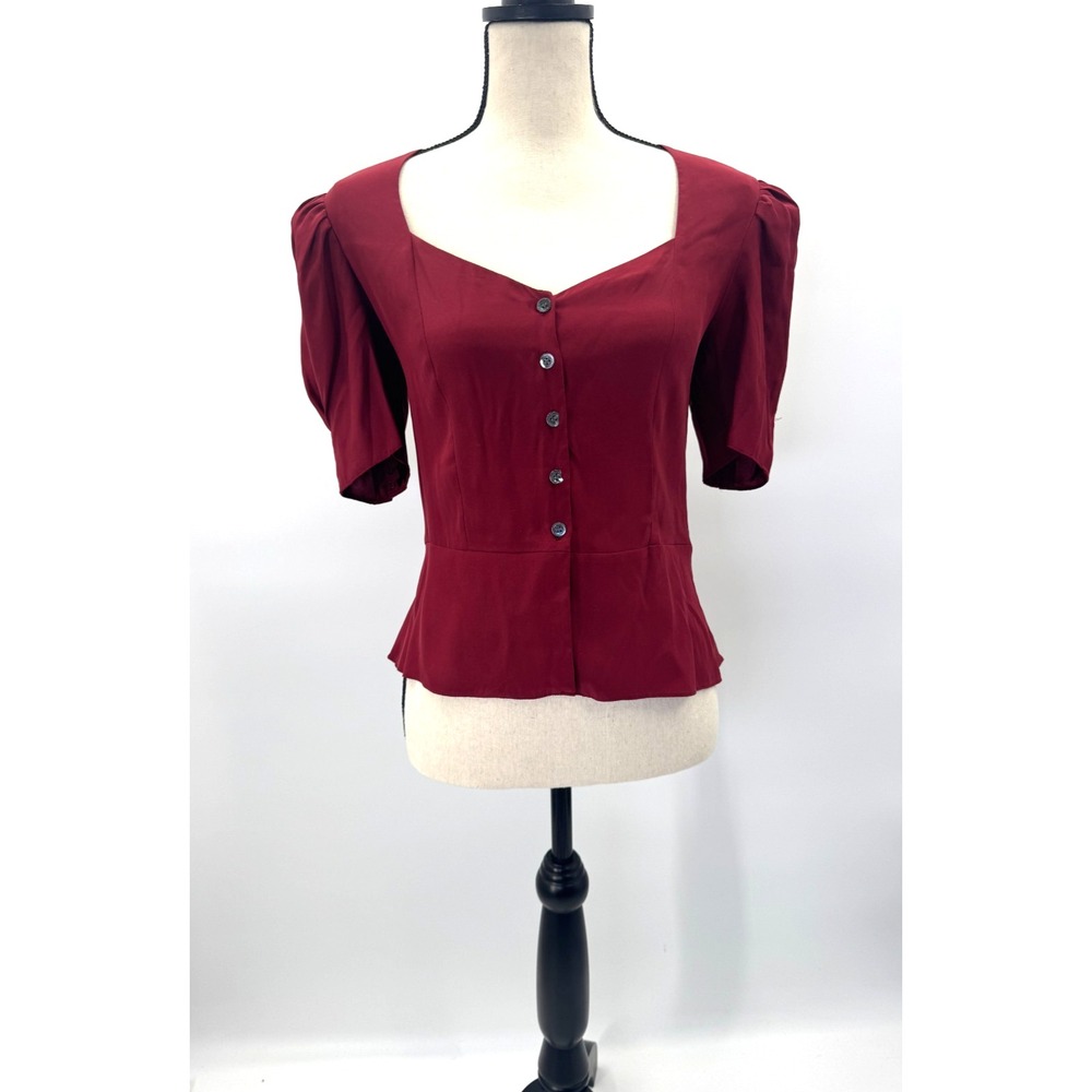 Frame Shirred Silk Peplum Button Up Top S Oxblood Whimsigoth Dark Fairy Romantic